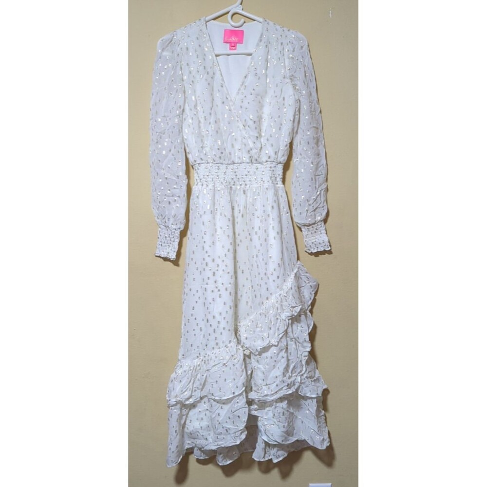 Lilly Pulitzer Coconut Cristiana Gold Metallic Polka Dot Midi Dress Sz 0 Ruffles